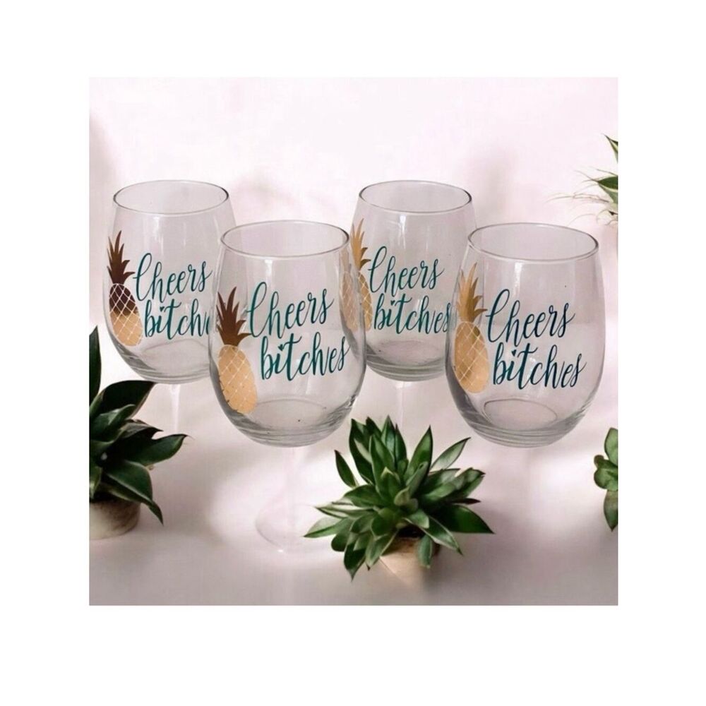New 4 Gorgeous Stemless Green Gold Pineapple Cheers Bitches 24oz Wine Glasses